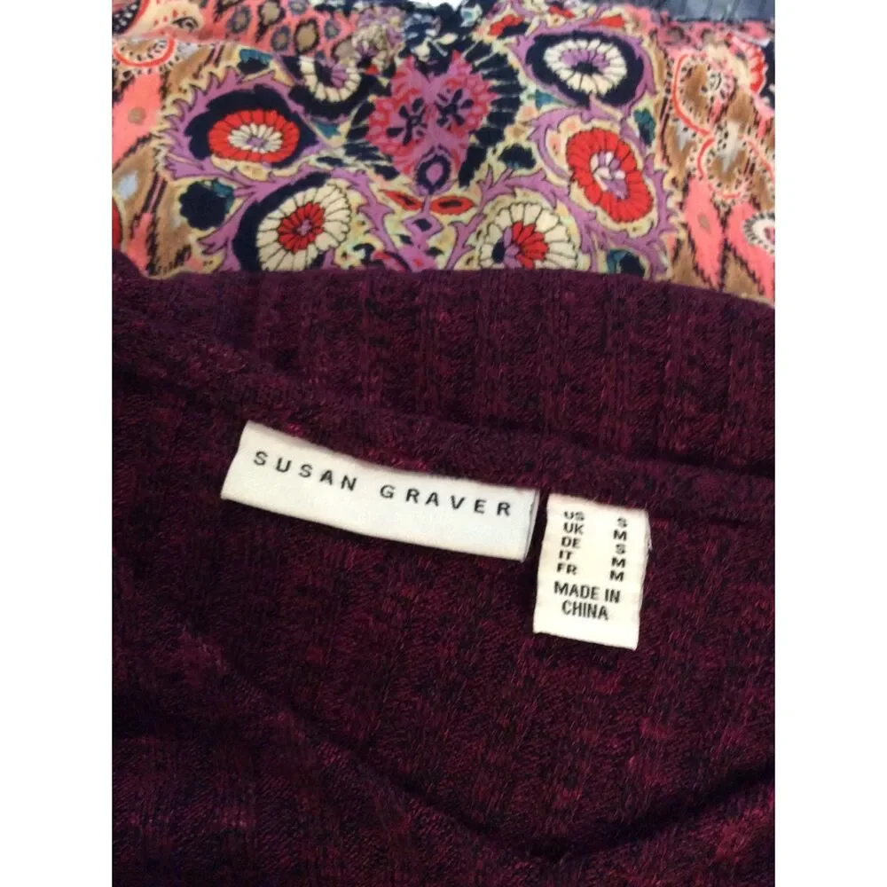 Susan Graver Small S Long Sleeve thick knit Top V Neck Burgandy Womens